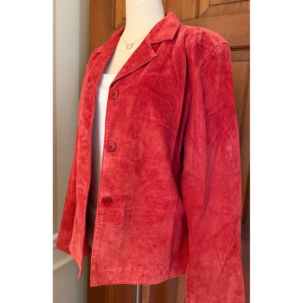 Womens Suede Jacket Size L Red Fully Lined Collared Button-Up Leather Blazer